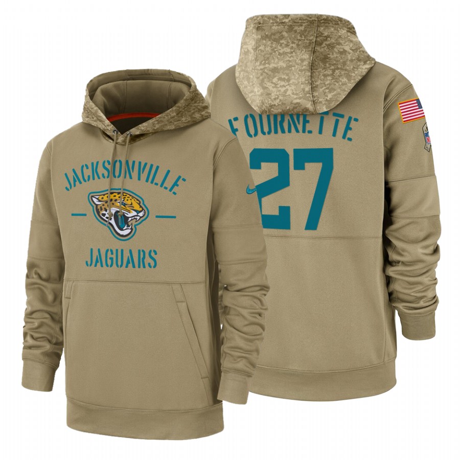 Jacksonville Jaguars #27 Leonard Fournette Nike Tan 2019 Salute To Service Name & Number Sideline Therma Pullover Hoodie