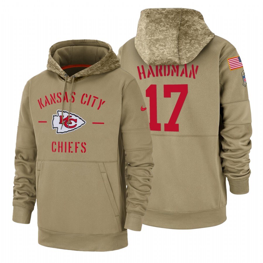 Kansas City Chiefs #17 Mecole Hardman Nike Tan 2019 Salute To Service Name & Number Sideline Therma Pullover Hoodie