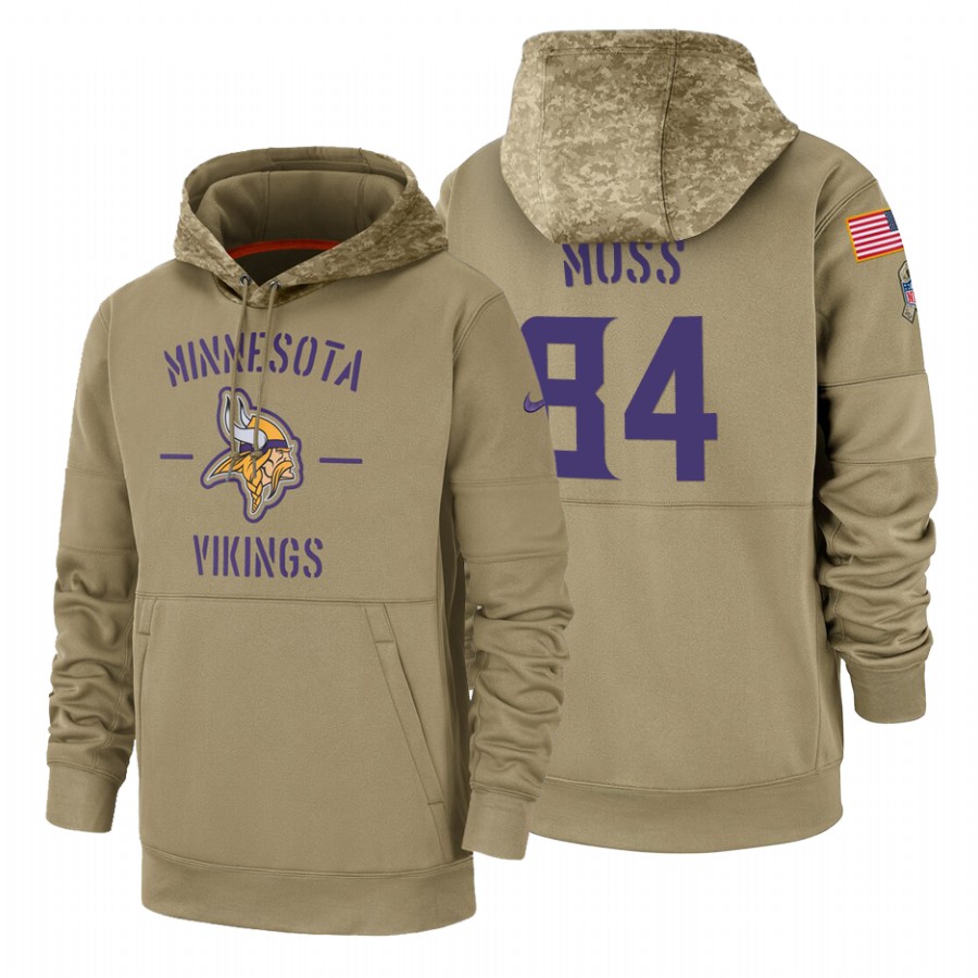 Minnesota Vikings #84 Randy Moss Nike Tan 2019 Salute To Service Name & Number Sideline Therma Pullover Hoodie