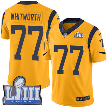 #77 Limited Andrew Whitworth Gold Nike NFL Men's Jersey Los Angeles Rams Rush Vapor Untouchable Super Bowl LIII Bound