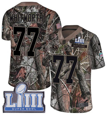 #77 Limited Andrew Whitworth Camo Nike NFL Men's Jersey Los Angeles Rams Rush Realtree Super Bowl LIII Bound