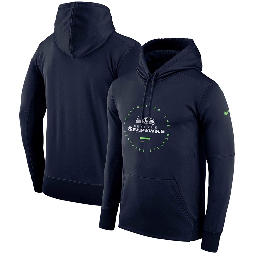 Men's Seattle Seahawks Nike College Navy Sideline Property Of Wordmark Logo Performance Pullover Hoodie