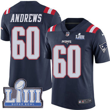 #60 Limited David Andrews Navy Blue Nike NFL Youth Jersey New England Patriots Rush Vapor Untouchable Super Bowl LIII Bound