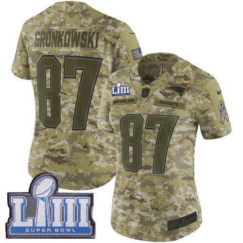 #87 Limited Rob Gronkowski Camo Nike NFL Women's Jersey New England Patriots 2018 Salute to Service Super Bowl LIII Bound