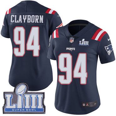 #94 Limited Adrian Clayborn Navy Blue Nike NFL Women's Jersey New England Patriots Rush Vapor Untouchable Super Bowl LIII Bound