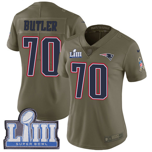 #70 Limited Adam Butler Olive Nike NFL Women's Jersey New England Patriots 2017 Salute to Service Super Bowl LIII Bound