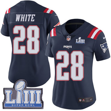 #28 Limited James White Navy Blue Nike NFL Women's Jersey New England Patriots Rush Vapor Untouchable Super Bowl LIII Bound