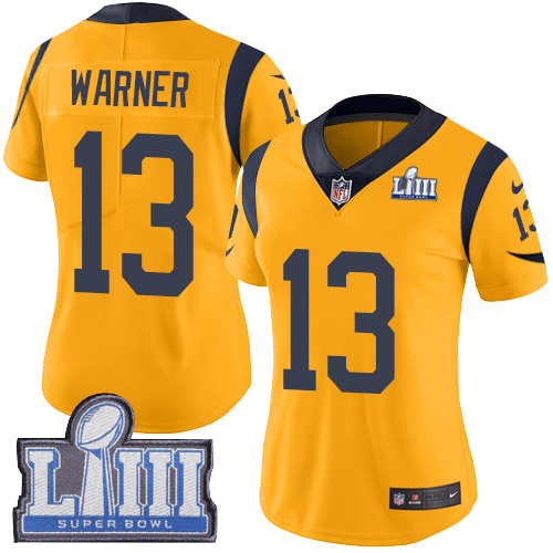 #13 Limited Kurt Warner Gold Nike NFL Women's Jersey Los Angeles Rams Rush Vapor Untouchable Super Bowl LIII Bound