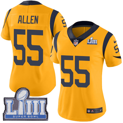 #55 Limited Brian Allen Gold Nike NFL Women's Jersey Los Angeles Rams Rush Vapor Untouchable Super Bowl LIII Bound