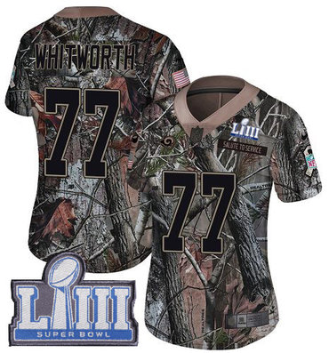 #77 Limited Andrew Whitworth Camo Nike NFL Women's Jersey Los Angeles Rams Rush Realtree Super Bowl LIII Bound