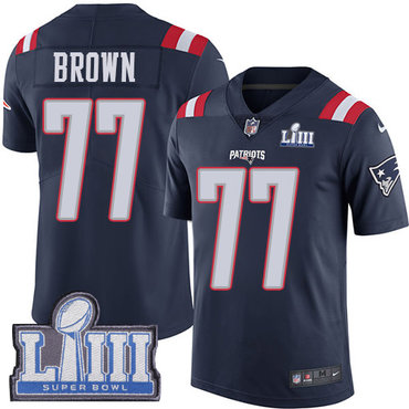 #77 Limited Trent Brown Navy Blue Nike NFL Men's Jersey New England Patriots Rush Vapor Untouchable Super Bowl LIII Bound