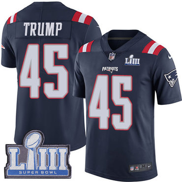 #45 Limited Donald Trump Navy Blue Nike NFL Men's Jersey New England Patriots Rush Vapor Untouchable Super Bowl LIII Bound