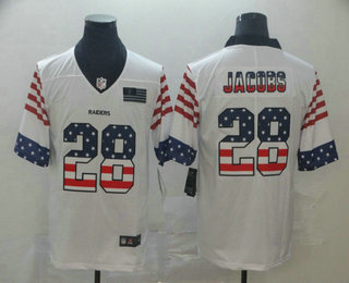 Men's Oakland Raiders #28 Josh Jacobs White Independence Day Stars Stripes Jersey