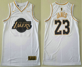 Men's Los Angeles Lakers #23 LeBron James White Gold Nike Swingman Stitched NBA Jersey