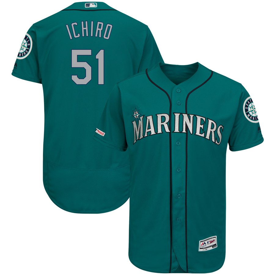 Men's Seattle Mariners 51 Ichiro Suzuki Aqua 150th Patch Flexbase Jersey