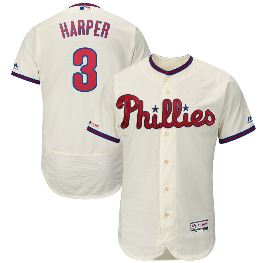 Men's Philadelphia Phillies 3 Bryce Harper Cream 150th Patch Flexbase Collection Jersey