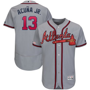 Men's Atlanta Braves #13 Ronald Acuna Jr Gray 150th Patch Flexbase Jersey