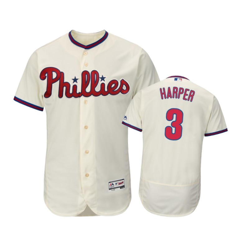 Men Philadelphia Phillies Cream #3 Bryce Harper 2019 Flex Base Jersey