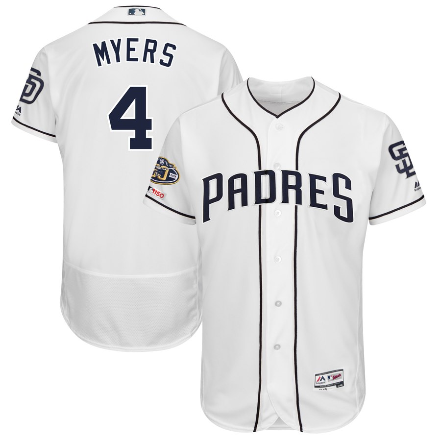 Men's San Diego Padres 4 Wil Myers White 50th Anniversary and 150th Patch FlexBase Jersey