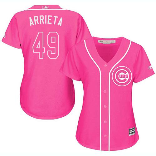 Cubs #49 Jake Arrieta Pink Fashion Women's Stitched Baseball Jersey