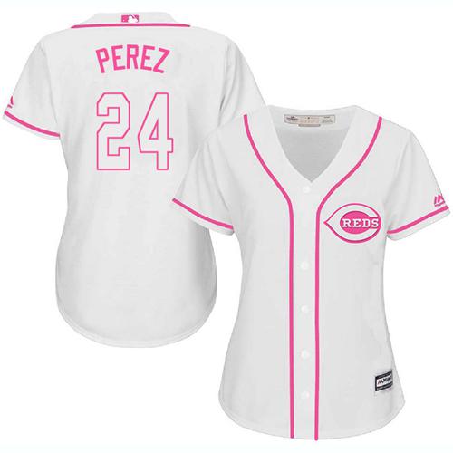 Reds #24 Tony Perez White Pink Fashion Women's Stitched Baseball Jersey