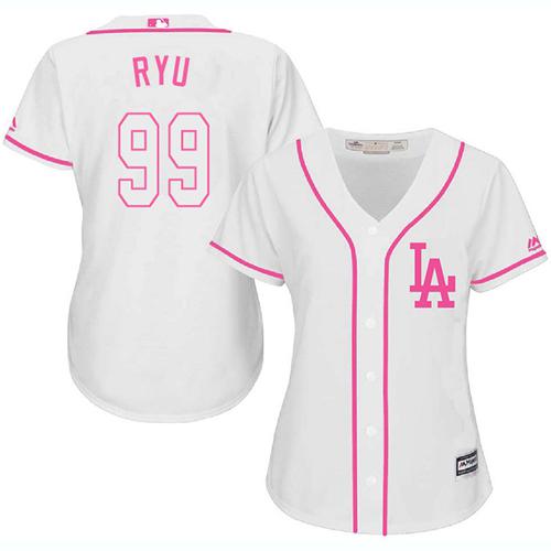 Dodgers #99 Hyun-Jin Ryu White Pink Fashion Women's Stitched Baseball Jersey