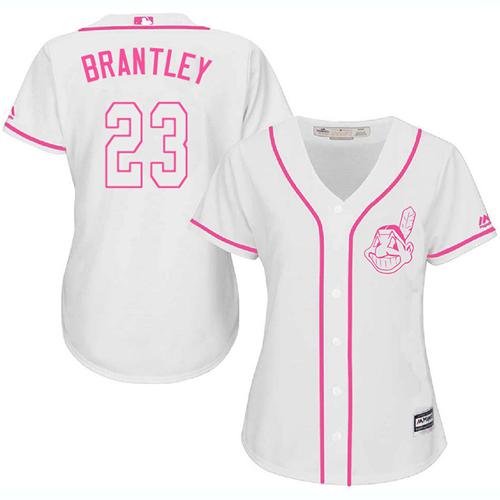 Indians #23 Michael Brantley White Pink Fashion Women's Stitched Baseball Jersey