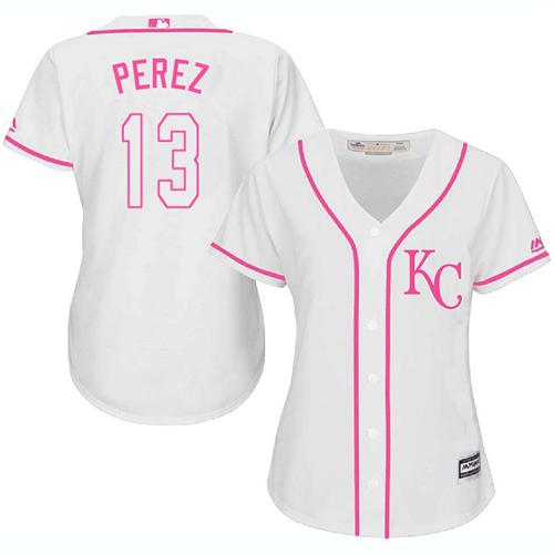 Royals #13 Salvador Perez White Pink Fashion Women's Stitched Baseball Jersey