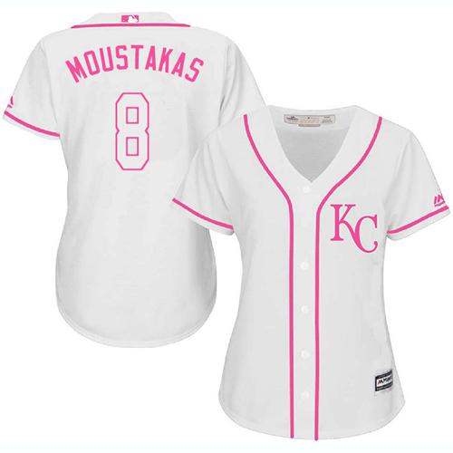 Royals #8 Mike Moustakas White Pink Fashion Women's Stitched Baseball Jersey