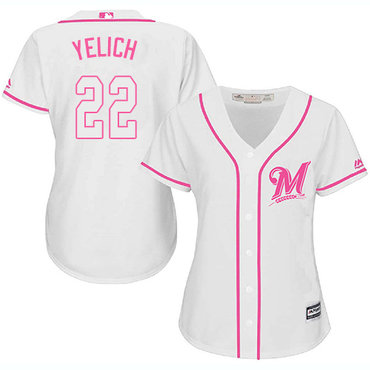 Brewers #22 Christian Yelich White Pink Fashion Women's Stitched Baseball Jersey