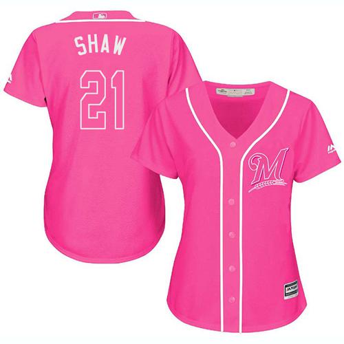 Brewers #21 Travis Shaw Pink Fashion Women's Stitched Baseball Jersey