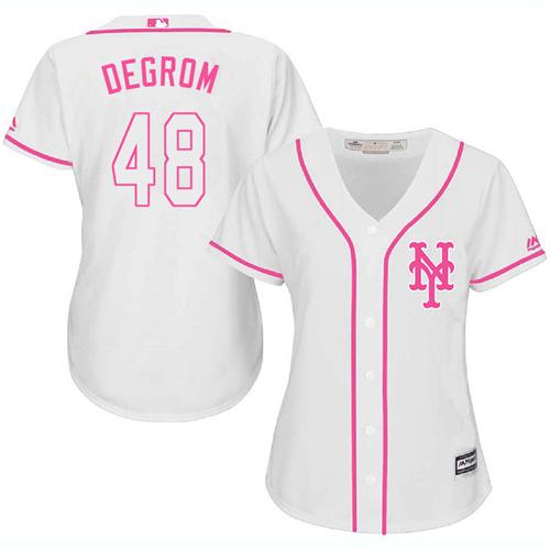 Mets #48 Jacob deGrom White Pink Fashion Women's Stitched Baseball Jersey