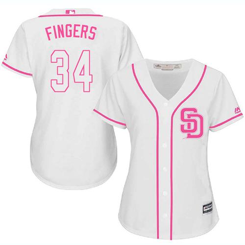 Padres #34 Rollie Fingers White Pink Fashion Women's Stitched Baseball Jersey