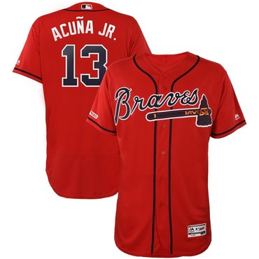 Size 5XL Men's Atlanta Braves #13 Ronald Acuna Jr Scarlet 150th Patch Flexbase Jersey