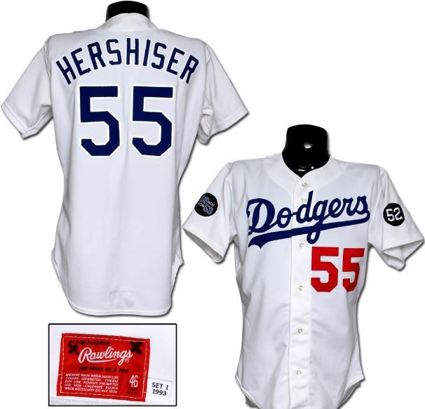 Men's Los Angeles Dodgers 55 Orel Hershiser White 1993 Game Worn Cool Base Jersey