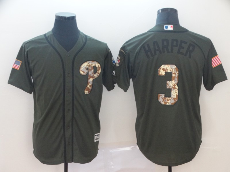 Men's Philadelphia Phillies 3 Bryce Harper Olive Camo Salute To Service Cool Base Jersey