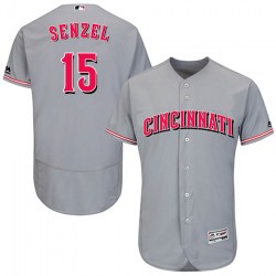 Cincinnati Reds #15 Nick Senzel Men's Authentic Majestic Flex Base Road Collection Gray Jersey