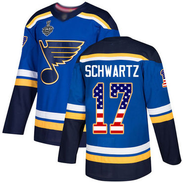 Men's St. Louis Blues #17 Jaden Schwartz Blue Home Authentic USA Flag 2019 Stanley Cup Final Bound Stitched Hockey Jersey