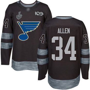 Men's St. Louis Blues #34 Jake Allen Black 1917-2017 100th Anniversary 2019 Stanley Cup Final Bound Stitched Hockey Jersey