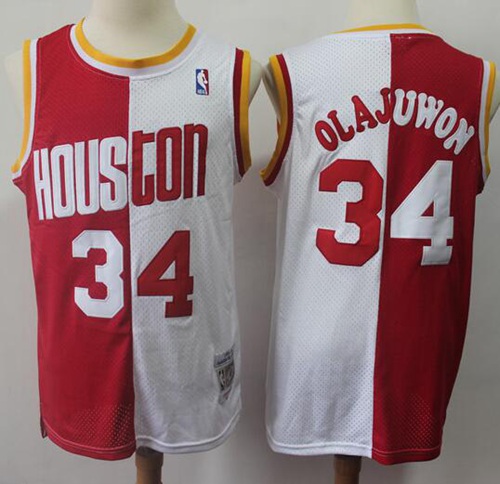 Split Fashion Rockets #34 Hakeem Olajuwon Red White Stitched Basketball Jersey