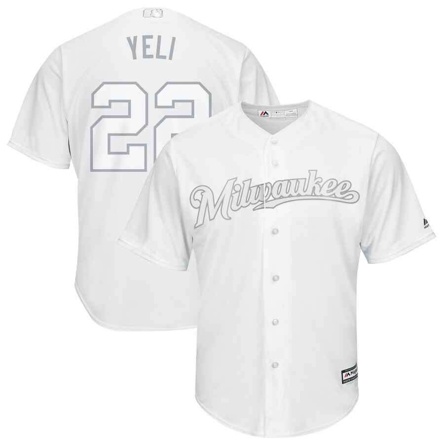 Men's Milwaukee Brewers 22 Christian Yelich Yeli White 2019 Players' Weekend Player Jersey