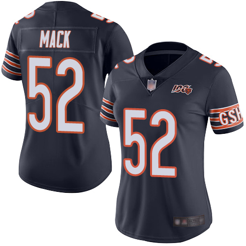 Bears #52 Khalil Mack Navy Blue Team Color Women's Stitched Football 100th Season Vapor Limited Jersey