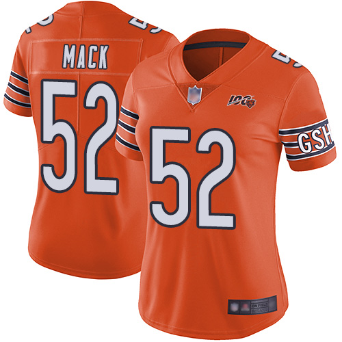 Bears #52 Khalil Mack Orange Women's Stitched Football Limited Rush 100th Season Jersey