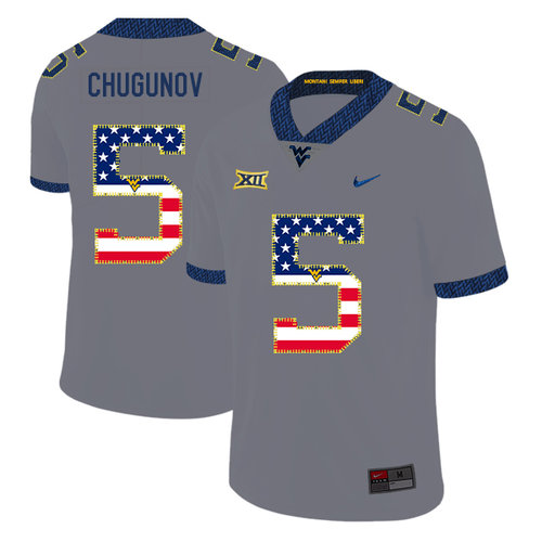 West Virginia Mountaineers 5 Chris Chugunov Gray USA Flag College Football Jersey