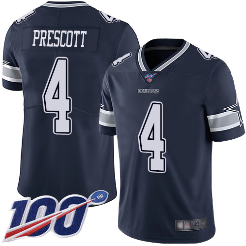 Cowboys #4 Dak Prescott Navy Blue Team Color Men's Stitched Football 100th Season Vapor Limited Jersey