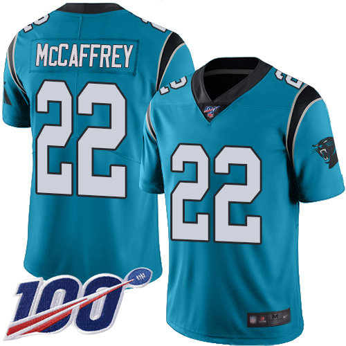 Panthers #22 Christian McCaffrey Blue Men's Stitched Football Limited Rush 100th Season Jersey