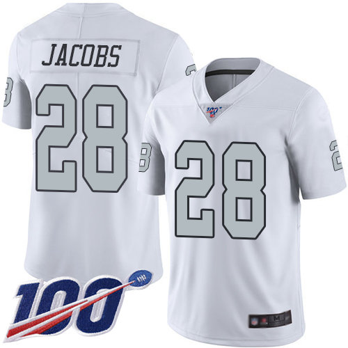 Raiders #28 Josh Jacobs White Men's Stitched Football Limited Rush 100th Season Jersey