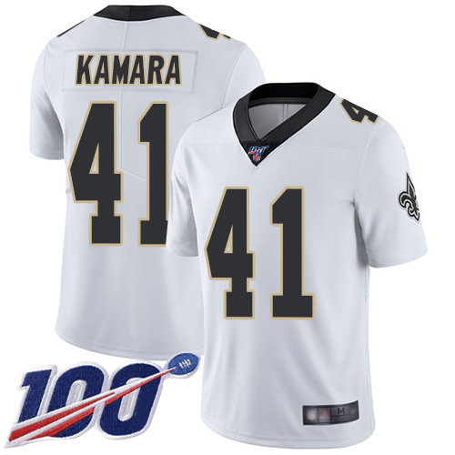 Saints #41 Alvin Kamara White Men's Stitched Football 100th Season Vapor Limited Jersey