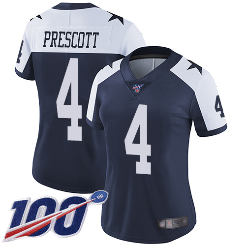 Nike Cowboys #4 Dak Prescott Navy Blue Thanksgiving Women's Stitched NFL 100th Season Vapor Throwback Limited Jersey