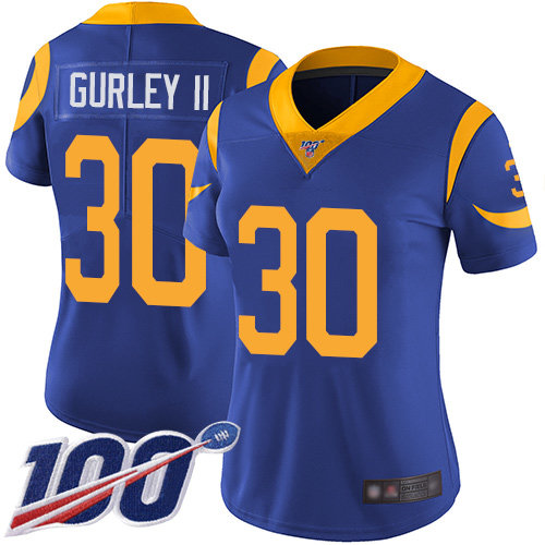 Nike Rams #30 Todd Gurley II Royal Blue Alternate Women's Stitched NFL 100th Season Vapor Limited Jersey